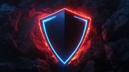 Poster - Advanced shield glowing with blue and red neon lights, dark cyber setting symbolizing digital defense and security