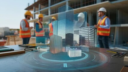 Poster - Construction site with augmented reality model of buildings and workers in safety gear.