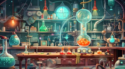 Wall Mural - a cartoon illustration of a laboratory with a lot of colorful equipment.