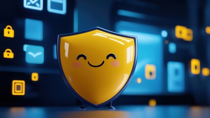 Poster - Cartoon shield character standing confidently in front of personal data icons, keeping hackers at bay with a happy expression
