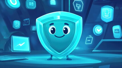 Poster - Cartoon shield character standing confidently in front of personal data icons, keeping hackers at bay with a happy expression