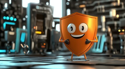 Poster - Cartoon shield character standing confidently in front of personal data icons, keeping hackers at bay with a happy expression
