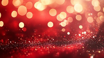 Wall Mural - festive christmas background with red holiday light bokeh and glitter, abstract red shimmering light
