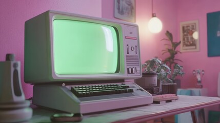 Poster - Classic computer with blinking green screen, pastel tones and retro gadgets around, nostalgic 80s vibe