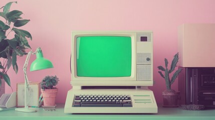 Poster - Classic computer with blinking green screen, pastel tones and retro gadgets around, nostalgic 80s vibe