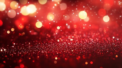 Wall Mural - festive christmas background with red holiday light bokeh and glitter, abstract red shimmering light