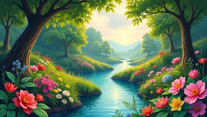 Aufkleber - A beautiful painting of a river with trees and flowers on either side