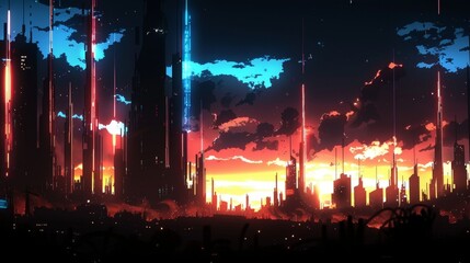 A futuristic city skyline with glowing beams of light against a colorful sunset