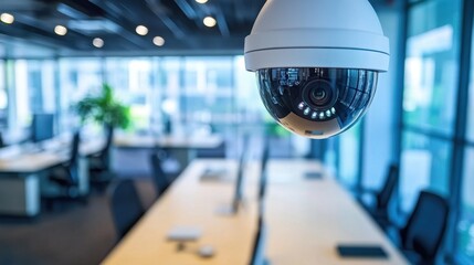 Poster - Close-up of security dome camera in contemporary office, highlighting security tech for safe workspaces