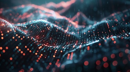 Poster - Abstract 3D render of a field of glowing particles that forms waves.