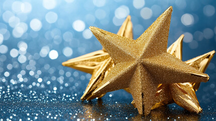 Poster - Golden stars sparkle against shimmering blue background, creating festive and joyful atmosphere. glittering effect adds touch of elegance and celebration to any occasion