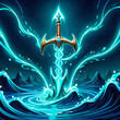 © AIgameicons - A glowing blue sword with golden accents rises from swirling turquoise water. Its surrounded by ethereal light, hinting at magical power. The sword is set against a dark blue background with distant s