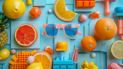 Wall Mural - Arrangement of tropical fruits and sunglasses creating a vibrant summer vibe