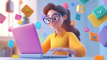 Poster - A female programmer in a 3D vector art style, sitting at a table, typing code on her laptop