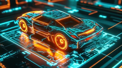 Poster - Futuristic car on a glowing circuit board, neon lights symbolizing the fusion of automotive innovation and cyber defense