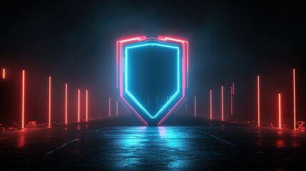 Poster - Futuristic shield emitting neon blue and red light, standing out in a dark setting, representing digital security protection