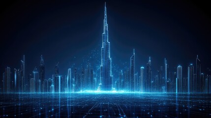 A digital rendering of a futuristic cityscape with a tall skyscraper in the center.