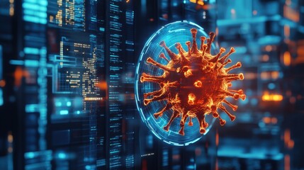 Poster - High-tech 3D shield stopping Trojan virus figure in a futuristic setting, reinforcing the concept of threat prevention