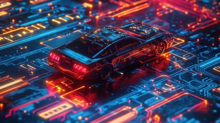 Poster - High-tech car gliding over a neon-lit circuit board, symbolizing advanced automotive technology and cybersecurity
