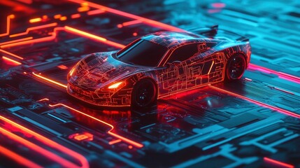 Poster - High-tech car gliding over a neon-lit circuit board, symbolizing advanced automotive technology and cybersecurity
