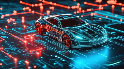 Poster - High-tech car gliding over a neon-lit circuit board, symbolizing advanced automotive technology and cybersecurity