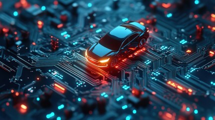 Poster - High-tech car navigating neon circuit board, emphasizing advancements in tech and automotive cybersecurity