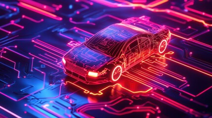 Poster - High-tech car navigating neon circuit board, emphasizing advancements in tech and automotive cybersecurity