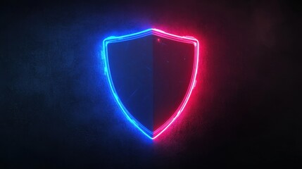 Poster - High-tech shield glowing in blue and red neon, set against a dark background, symbolizing cybersecurity and defense