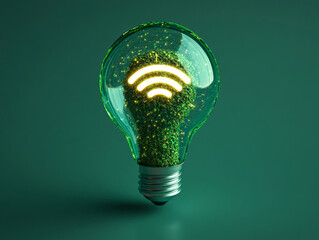  a bright green light bulb containing a light bulb with a glowing green plant leaf and a white wifi signal emanating from its center.