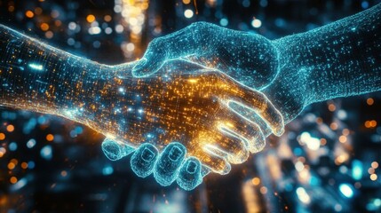 Poster - Neon scene of digital meets real handshake, highlighting synergy between technology and humanity in dynamic lighting