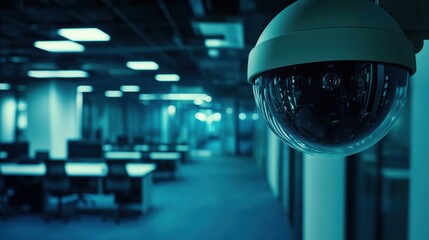 Poster - Office space under watch of a dome security camera, conveying sense of safety and surveillance in a professional setting