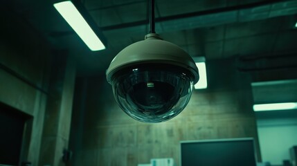 Poster - Office space under watch of a dome security camera, conveying sense of safety and surveillance in a professional setting
