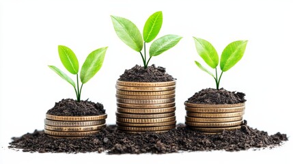 Growing Money Concept  Plants Sprouting from Coin Stacks in Soil