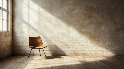 Wall Mural - A minimalist room featuring a single chair illuminated by soft sunlight, casting shadows on the textured wall and floor.