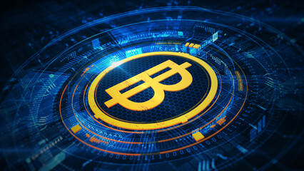 Poster - Thai baht symbol in futuristic blue digital interface, symbolizing digital currency, fintech, and financial innovation in Thailand's economy. Business and financial investment concept. 3D Rendering