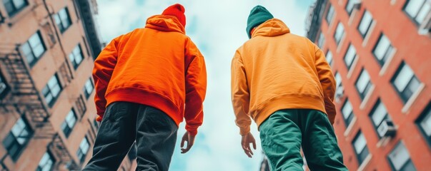 Two individuals in vibrant hoodies standing against urban architecture under a cloudy sky.