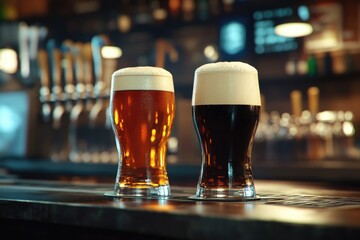 Light and dark beer glasses in pub setting.