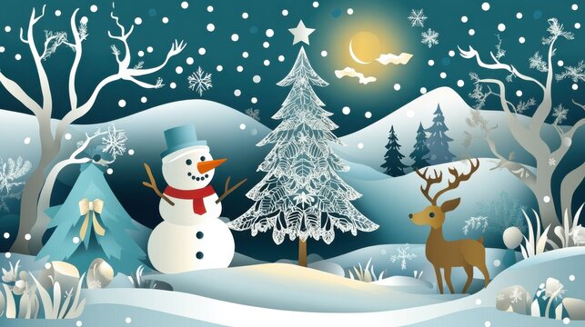 Artistic Christmas vector poster with a tree, snowman, reindeer, and intricate paper-cut