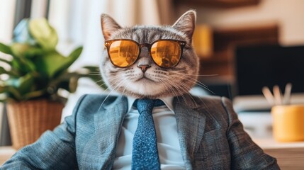 Stylish cat in business attire, suit and tie with polished sunglasses, giving a smirk amidst modern office setting