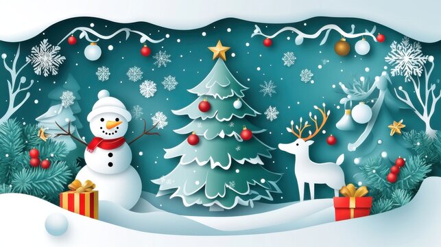 Bright Christmas greeting card vector featuring a Christmas tree, snowman,