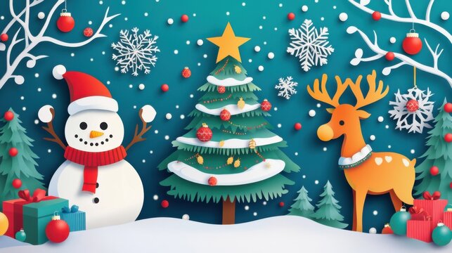 Bright Christmas greeting card vector featuring a Christmas tree, snowman,