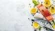 © pornthip - Fresh Seafood  Salmon  Fish  Lemon  Herbs  White Background  Cooking Ingredients