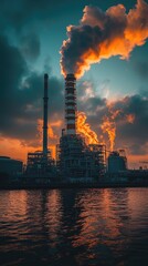 Wall Mural - A large industrial plant with tall smoke stacks releases smoke into the air at sunset. The smoke forms a cloud in the sky. The river in the foreground reflects the colors of the sunset.