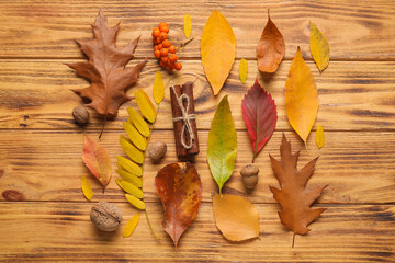 Wall Mural - Composition with beautiful fallen leaves, spices and rowan berries on wooden background