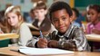 © LEO_ The Guru - A vibrant and uplifting scene features a young boy sitting confidently at his desk in a classroom. His warm smile reflect his enthusiasm and love for learning and education.