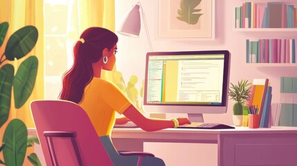 Poster - Indian girl studying on a computer at home, with a desk full of academic resources and