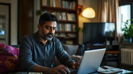 Wall Mural - Indian man in his mid-forties working on a laptop, with currency notes spread out