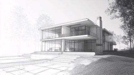 Wall Mural - Modern House Architectural Sketch with Green Grass and Trees