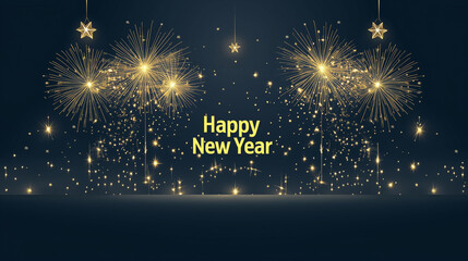 Wall Mural - 2025 new year abstract golden fireworks and golden gradient numbers on dark blue background, banner