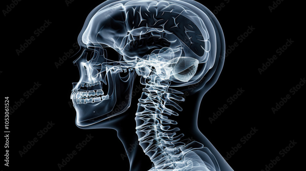X ray image showing human skull and cervical spine, highlighting ...